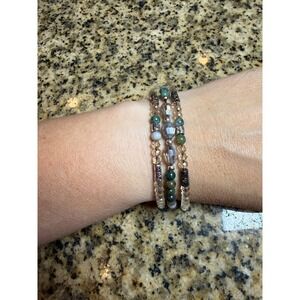 Love This Life Beaded Triple Strand Bracelet Green Blue Stone Crystal Adjustable